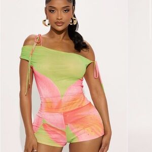 Fashion Nova Green and Pink Off-Shoulder Romper